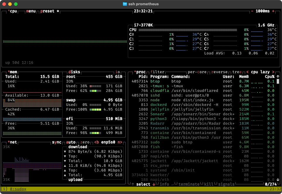 btop running on Prometheus